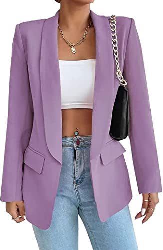 HOTIAN Damen Blazer, Casual Open Front Cardigan Langarm,Elegant Business Blazer, Lang Jacke mit Tasche und Knöpfe Purple L von HOTIAN