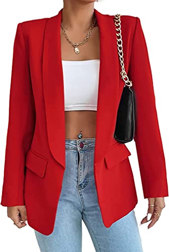 HOTIAN Damen Blazer, Casual Open Front Cardigan Langarm,Elegant Business Blazer, Lang Jacke mit Tasche und Knöpfe Red M von HOTIAN