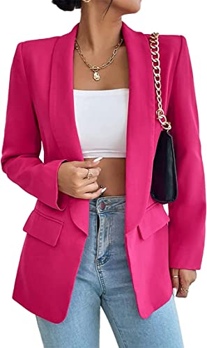 HOTIAN Damen Blazer, Casual Open Front Cardigan Langarm,Elegant Business Blazer, Lang Jacke mit Tasche und Knöpfe Rose L von HOTIAN