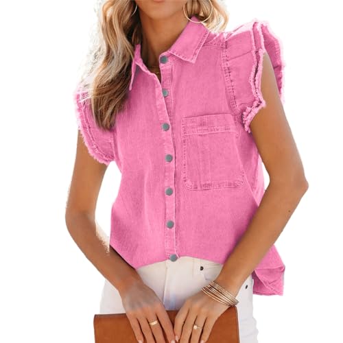 HOTIAN Damen Jeanshemd Kurzarm Damen Jeans Bluse Elegant Kurzarm Shirt Lose Sommer Jeansbluse Short von HOTIAN