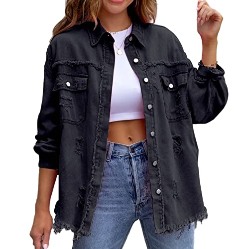 HOTIAN Damen Jeansjacke jeansjacken für damen übergangsjacke damen Vintage Jean Mantel Übergangs Ripped Denim Jacken Black M von HOTIAN