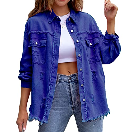 HOTIAN Damen Jeansjacke jeansjacken für damen übergangsjacke damen Vintage Jean Mantel Übergangs Ripped Denim Jacken Blue L von HOTIAN