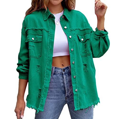 HOTIAN Damen Jeansjacke jeansjacken für damen übergangsjacke damen Vintage Jean Mantel Übergangs Ripped Denim Jacken Green L von HOTIAN