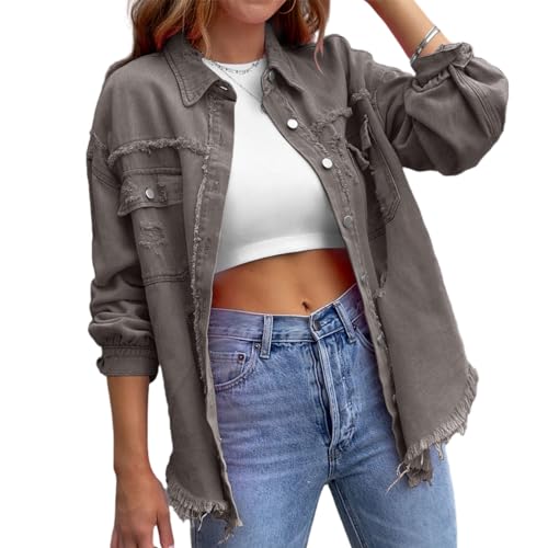 HOTIAN Damen Jeansjacke jeansjacken für damen übergangsjacke damen Vintage Jean Mantel Übergangs Ripped Denim Jacken Grey 2XL von HOTIAN