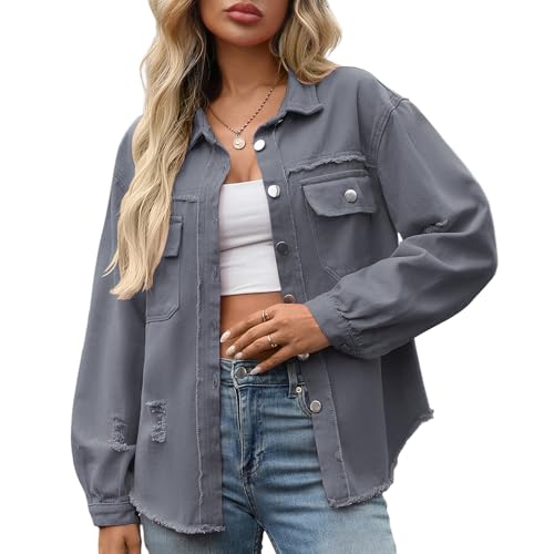HOTIAN Damen Jeansjacke jeansjacken für damen übergangsjacke damen Vintage Jean Mantel Übergangs Ripped Denim Jacken Grey L01 HOTIAN Damen Jeansjacke jeansjacken für damen übergangsjacke damen Vintage Jean Mantel Übergangs Ripped Denim Jacken Grey L01 von HOTIAN