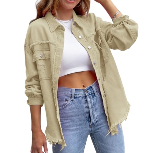 HOTIAN Damen Jeansjacke jeansjacken für damen übergangsjacke damen Vintage Jean Mantel Übergangs Ripped Denim Jacken Khaki 2XL von HOTIAN