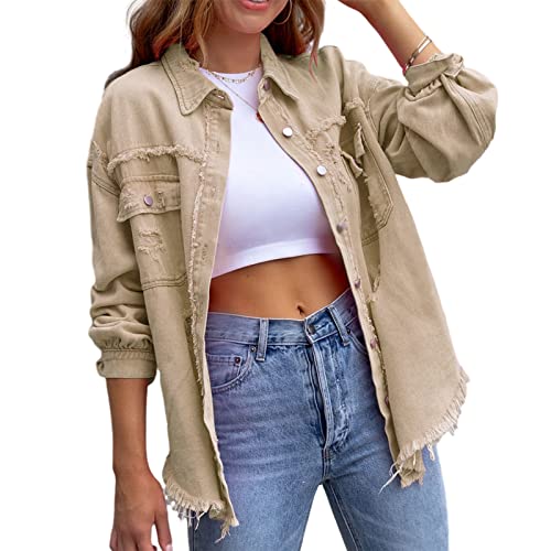 HOTIAN Damen Jeansjacke jeansjacken für damen übergangsjacke damen Vintage Jean Mantel Übergangs Ripped Denim Jacken Khaki L von HOTIAN