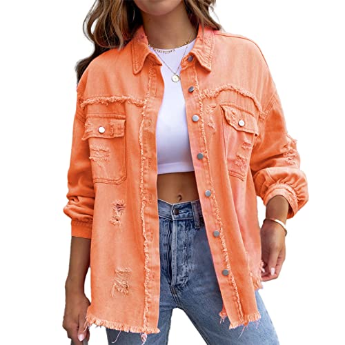 HOTIAN Damen Jeansjacke jeansjacken für damen übergangsjacke damen Vintage Jean Mantel Übergangs Ripped Denim Jacken Orange M von HOTIAN