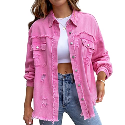 HOTIAN Damen Jeansjacke jeansjacken für damen übergangsjacke damen Vintage Jean Mantel Übergangs Ripped Denim Jacken Pink XL von HOTIAN