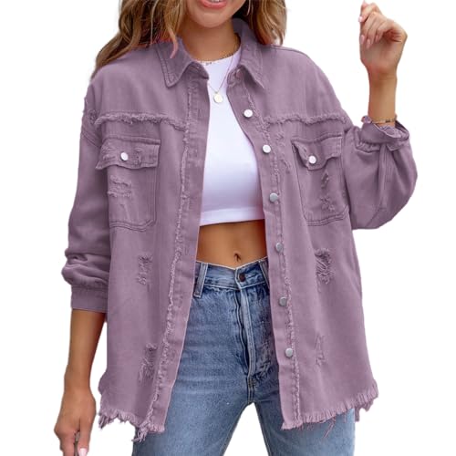 HOTIAN Damen Jeansjacke jeansjacken für damen übergangsjacke damen Vintage Jean Mantel Übergangs Ripped Denim Jacken Purple 2XL von HOTIAN