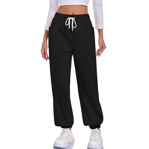 HOTIAN Damen Jogginghose Baumwolle Sporthose Lang Weites Bein Sweatpants elastischem Freizeithose mit Taschen Black L von HOTIAN