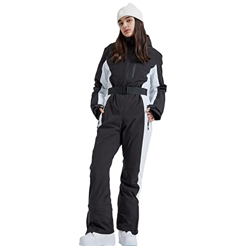 HOTIAN Damen Skianzug Damen Einteiler Skioverall Winter Warme Schnee Skifahren Winddicht Wasserdicht Outdoor Schneeoverall Jumpsuit Mit Kapuze Verdicken Schneeanzug Ski Suit Black M von HOTIAN