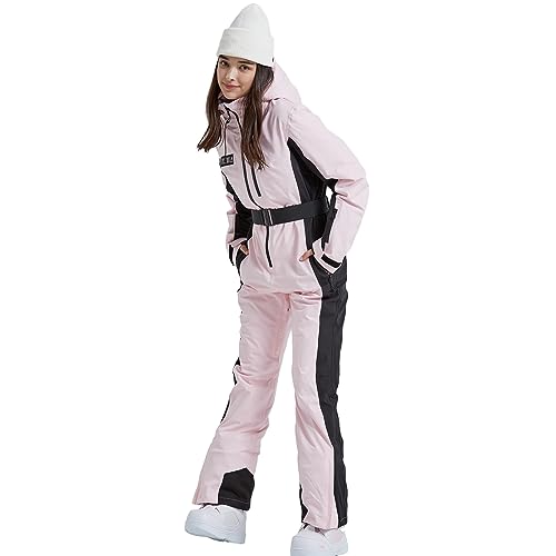 HOTIAN Damen Skianzug Damen Einteiler Skioverall Winter Warme Schnee Skifahren Winddicht Wasserdicht Outdoor Schneeoverall Jumpsuit Mit Kapuze Verdicken Schneeanzug Ski Suit Pink L von HOTIAN