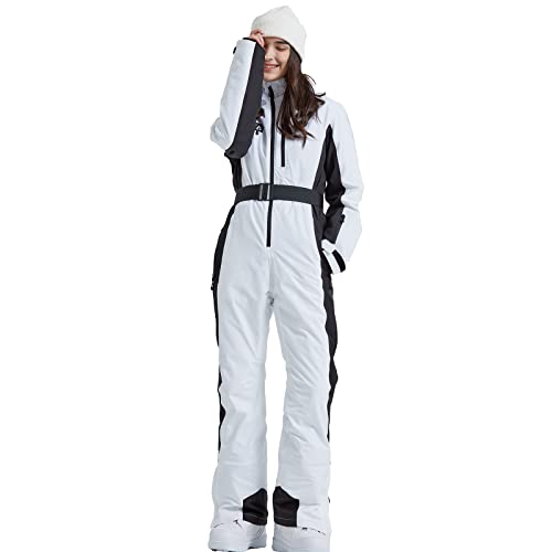 HOTIAN Damen Skianzug Damen Einteiler Skioverall Winter Warme Schnee Skifahren Winddicht Wasserdicht Outdoor Schneeoverall Jumpsuit Mit Kapuze Verdicken Schneeanzug Ski Suit White M von HOTIAN