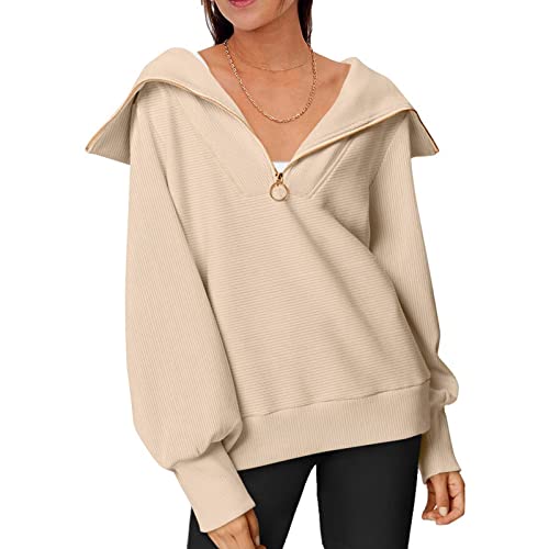 HOTIAN Damen Sweatshirt Pullover ohne Kapuze Oversize Casual Langarm Pullover Sweatshirt Einfarbige V-Ausschnitt Sport Sweatshirts von HOTIAN