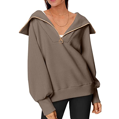 HOTIAN Damen Sweatshirt Pullover ohne Kapuze Oversize Casual Langarm Pullover Sweatshirt Einfarbige V-Ausschnitt Sport Sweatshirts von HOTIAN