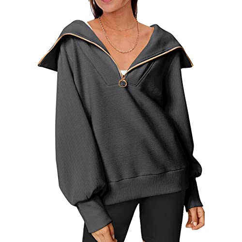 HOTIAN Damen Sweatshirt Pullover ohne Kapuze Oversize Casual Langarm Pullover Sweatshirt Einfarbige V-Ausschnitt Sport Sweatshirts von HOTIAN