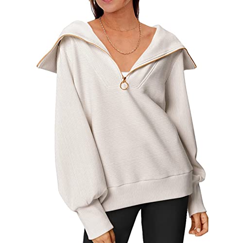 HOTIAN Damen Sweatshirt Pullover ohne Kapuze Oversize Casual Langarm Pullover Sweatshirt Einfarbige V-Ausschnitt Sport Sweatshirts von HOTIAN