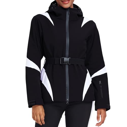 HOTIAN Damen Winterjacke Skijacke Wasserdicht Winddicht Warm Snowboardjacke mit Kapuze Atmungsaktiv Schneejacke Outdoor Kapuzen Windbreaker mit Hüftgürtel Black L von HOTIAN