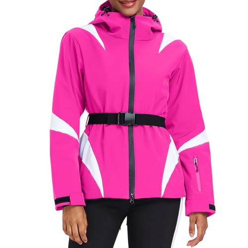 HOTIAN Damen Winterjacke Skijacke Wasserdicht Winddicht Warm Snowboardjacke mit Kapuze Atmungsaktiv Schneejacke Outdoor Kapuzen Windbreaker mit Hüftgürtel Rose XL von HOTIAN
