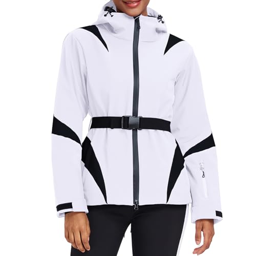 HOTIAN Damen Winterjacke Skijacke Wasserdicht Winddicht Warm Snowboardjacke mit Kapuze Atmungsaktiv Schneejacke Outdoor Kapuzen Windbreaker mit Hüftgürtel White XL von HOTIAN