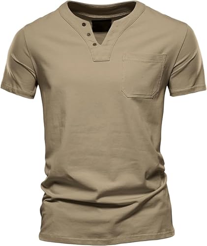 HOTIAN Henley Herren T-Shirt V-Ausschnitt T-Shirt Sommer Freizeit Kurzarm Causal Shirt Slim Fit von HOTIAN