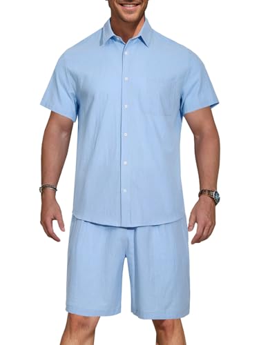 HOTIAN Herren 2 Stück Shirt Set Kurzarm Trainingsanzug Herren Freizeitanzug Sport Set Outfits Kurzarm Button Down Shirts Sommer Short Set von HOTIAN