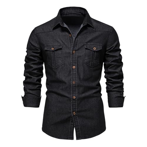 HOTIAN Herren Hemden, Herren Denim Shirt Langarmhemd,Freizeithemd Regular Businesshemd,Slim-Fit-Herrenhemden Black L von HOTIAN