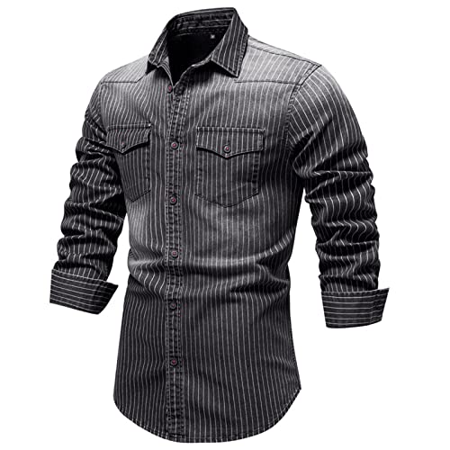 HOTIAN Herren Hemden, Herren Denim Shirt Langarmhemd,Freizeithemd Regular Businesshemd,Slim-Fit-Herrenhemden Grey 2XL von HOTIAN