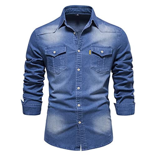 HOTIAN Herren Hemden, Herren Denim Shirt Langarmhemd,Freizeithemd Regular Businesshemd,Slim-Fit-Herrenhemden Middle Blue S von HOTIAN