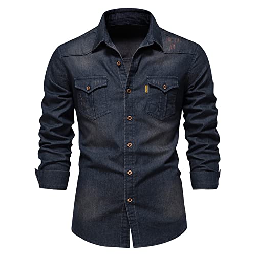 HOTIAN Herren Hemden, Herren Denim Shirt Langarmhemd,Freizeithemd Regular Businesshemd,Slim-Fit-Herrenhemden Navy 2XL von HOTIAN