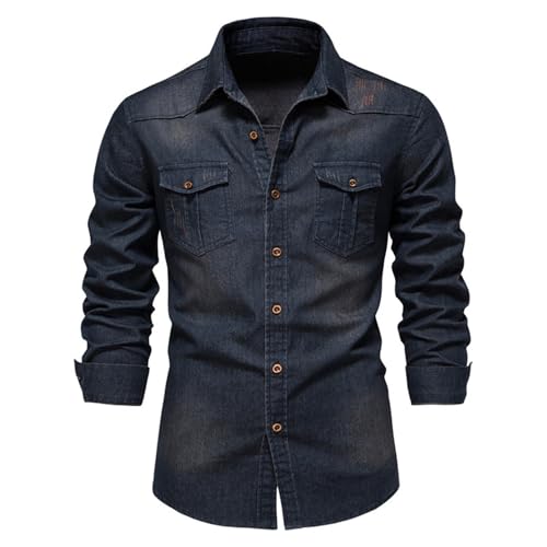 HOTIAN Herren Hemden, Herren Denim Shirt Langarmhemd,Freizeithemd Regular Businesshemd,Slim-Fit-Herrenhemden Navy01 M von HOTIAN