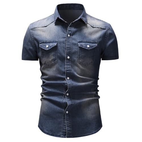 HOTIAN Herren Jeanshemd Kurzarm Regular Fit Denim Shirt Freizeithemd Geknöpftes Hemd mit Taschen für Herren von HOTIAN