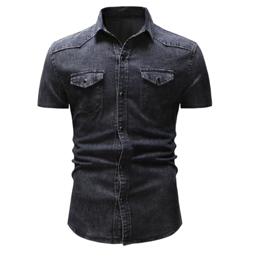 HOTIAN Herren Jeanshemd Kurzarm Regular Fit Denim Shirt Freizeithemd Geknöpftes Hemd mit Taschen für Herren von HOTIAN