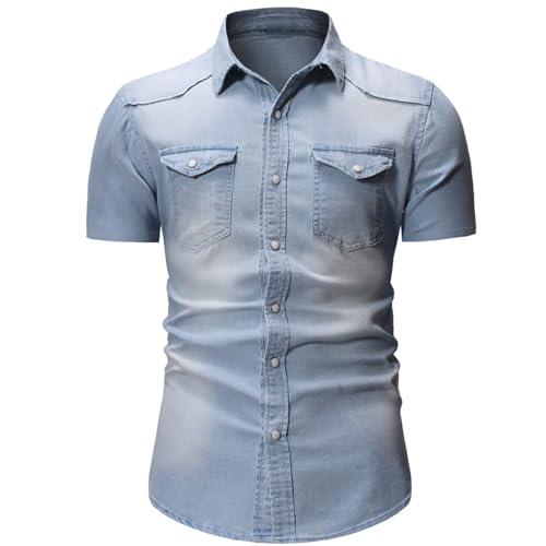 HOTIAN Herren Jeanshemd Kurzarm Regular Fit Denim Shirt Freizeithemd Geknöpftes Hemd mit Taschen für Herren von HOTIAN