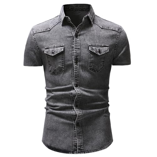 HOTIAN Herren Jeanshemd Kurzarm Regular Fit Denim Shirt Freizeithemd Geknöpftes Hemd mit Taschen für Herren von HOTIAN