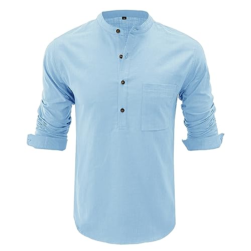 HOTIAN Herren Langarm Shirts, Henley Shirt Baumwolle,Herren Basic Long-Sleeved Shirts,Lässige T-Shirt mit Knöpfen Einfarbige,Waffelstrick Causal Shirt Blau 2XL von HOTIAN