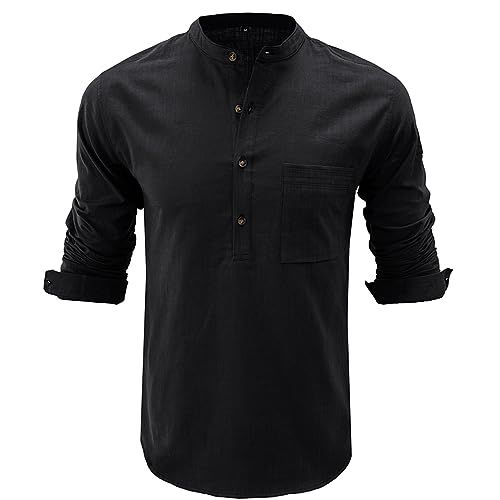 HOTIAN Herren Langarm Shirts, Henley Shirt Baumwolle,Herren Basic Long-Sleeved Shirts,Lässige T-Shirt mit Knöpfen Einfarbige,Waffelstrick Causal Shirt Schwarz S von HOTIAN