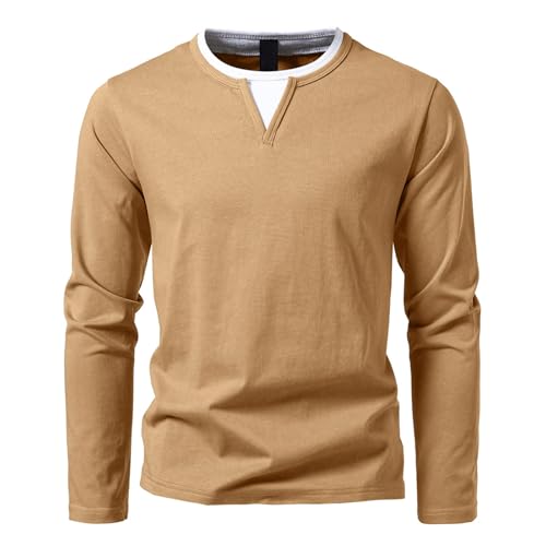 Herren Langarmshirts mit V-Ausschnitt Basic Pullover Henley Shirt Oberteile Freizeit Sweatshirt T-Shirt für Männer Khaki M von HOTIAN