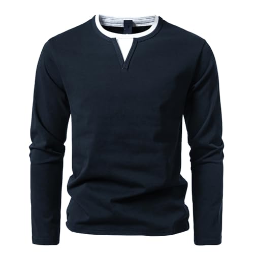 Herren Langarmshirts mit V-Ausschnitt Basic Pullover Henley Shirt Oberteile Freizeit Sweatshirt T-Shirt für Männer Navy L von HOTIAN
