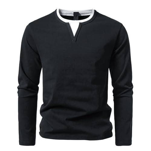 Herren Langarmshirts mit V-Ausschnitt Basic Pullover Henley Shirt Oberteile Freizeit Sweatshirt T-Shirt für Männer Black XXL von HOTIAN