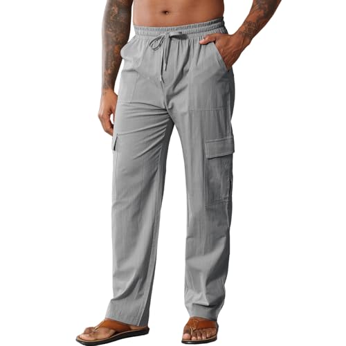 HOTIAN Herren Leinenhose Lang Sommer Loose Fit Hose Baumwolle Cargo Freizeithose Elastischer Bund Sommerhose Strandhose mit Kordelzug von HOTIAN