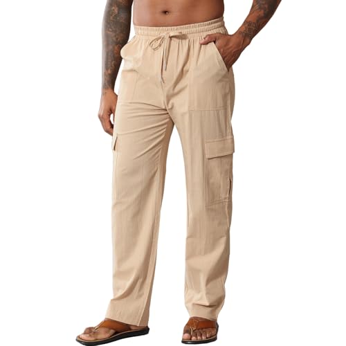 HOTIAN Herren Leinenhose Lang Sommer Loose Fit Hose Baumwolle Cargo Freizeithose Elastischer Bund Sommerhose Strandhose mit Kordelzug von HOTIAN