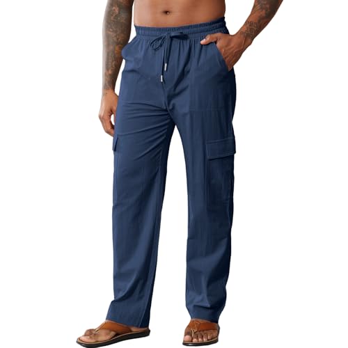 HOTIAN Herren Leinenhose Lang Sommer Loose Fit Hose Baumwolle Cargo Freizeithose Elastischer Bund Sommerhose Strandhose mit Kordelzug von HOTIAN