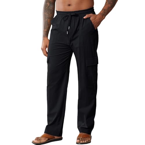 HOTIAN Herren Leinenhose Lang Sommer Loose Fit Hose Baumwolle Cargo Freizeithose Elastischer Bund Sommerhose Strandhose mit Kordelzug von HOTIAN