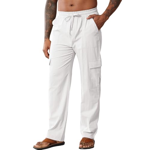 HOTIAN Herren Leinenhose Lang Sommer Loose Fit Hose Baumwolle Cargo Freizeithose Elastischer Bund Sommerhose Strandhose mit Kordelzug von HOTIAN