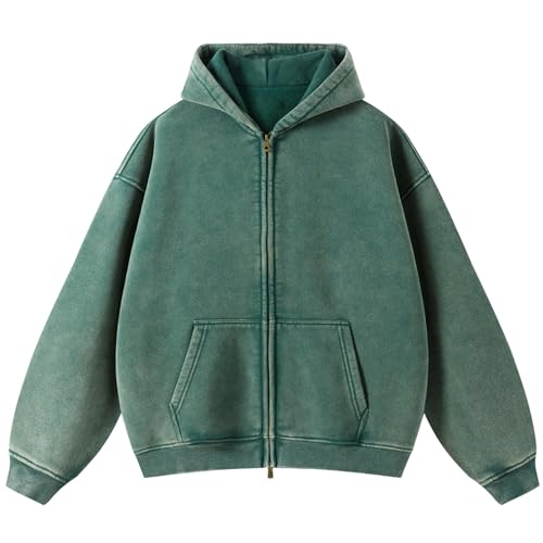 HOTIAN Herren Oversized Hoodie Pullover Vintage Fleece Pullover Acid Wash Basic Warm Kapuzenpullover mit Reißverschluss Streetwear von HOTIAN