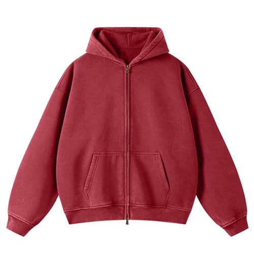 HOTIAN Herren Oversized Hoodie Pullover Vintage Fleece Pullover Acid Wash Basic Warm Kapuzenpullover mit Reißverschluss Streetwear von HOTIAN