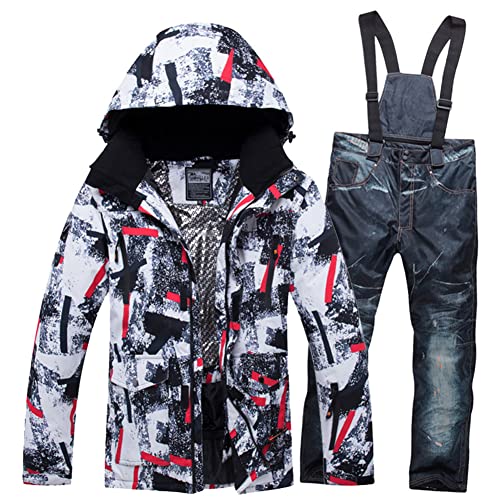 HOTIAN Herren Schneeanzug, Herren Ski Jacke und Hosen Set,Winter Warme Schnee Skifahren Sätze,für Wandern Klettern Isoliertes Snowboarden redwhite+blackjeans XL von HOTIAN