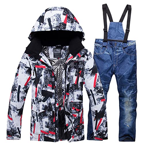 HOTIAN Herren Schneeanzug, Herren Ski Jacke und Hosen Set,Winter Warme Schnee Skifahren Sätze,für Wandern Klettern Isoliertes Snowboarden redwhite+bluejeans L von HOTIAN